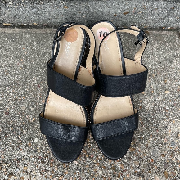 Coach Quartz black leather sandals with cork wedge heel size 10B - Picture 2 of 11